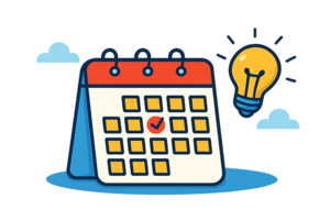 Imagem decorativa de um calendário com um lâmpada ao lado