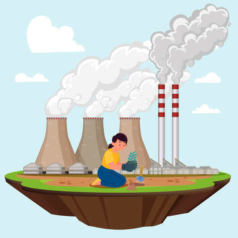 #ParaTodosVerem-Desenho no qual a base representa uma fatia do planeta suspensa no céu azul. Sobre essa porção de terra, há uma usina termoelétrica, com três chaminés soltando fumaça no lado esquerdo e duas do lado direito. À frente da usina e no centro da imagem, há uma moça de joelhos vestindo uma calça azul, blusa e sapatilhas amarelas, com luvas carregando uma muda de árvore para realizar o plantio.