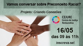 fundo verde com um retângulo com fundo branco com seis mãos, brancas e negras, dadas em círculo