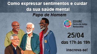 Num fundo azul, quatro homens, de raças diferentes e sorridentes parecem conversar