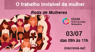 Num fundo rosa, à esquerda um perfil formado com inúmeras faces diferentes de mulheres com frases à direita